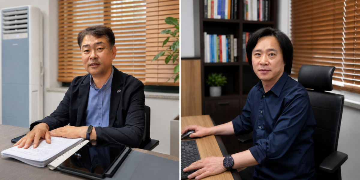 한성진 여수시 기후생태과 COP33 유치팀장(사진 왼쪽)과 문영수 전남대학교 학술연구 교수/사진=권다희 기자 